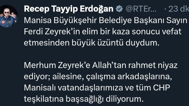 Cumhurbaşkanı Erdoğan’dan Ferdi Zeyrek için taziye mesajı –  Ankara Haber